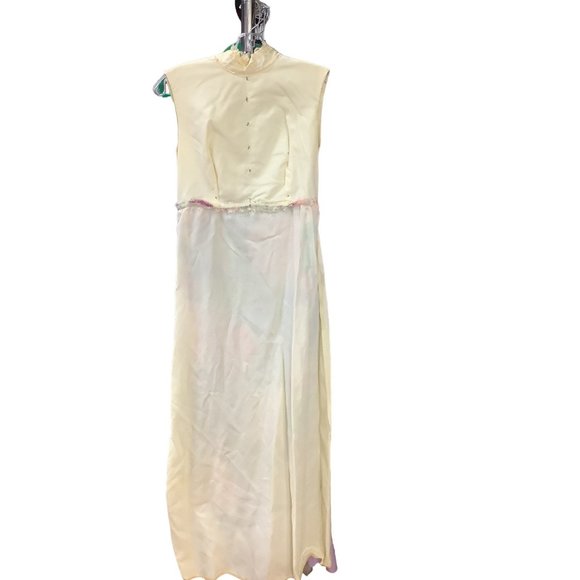 1970s Bridgerton Inspired Ivory and Floral Sleeveless Dress - Picture 12 of 16